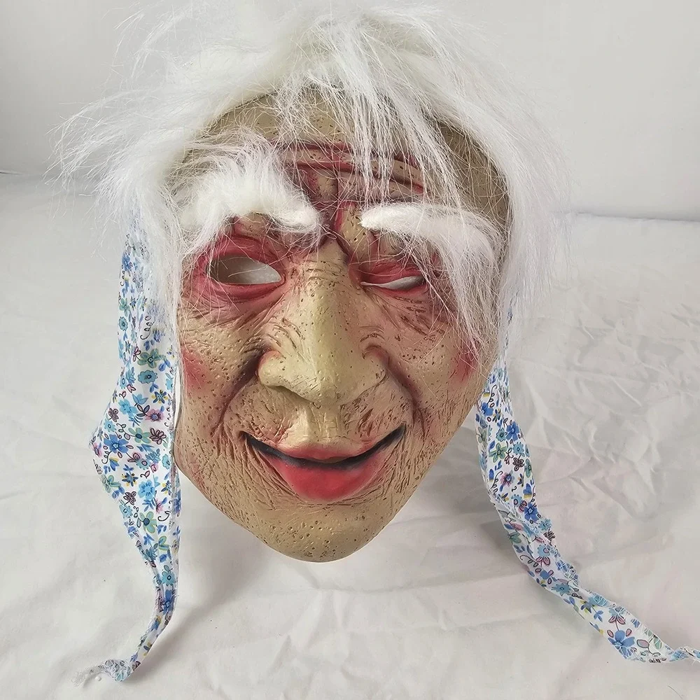 Creepy Old Lady Halloween Mask Face Witch Scary Grandma Mask with Hair & Scarf
